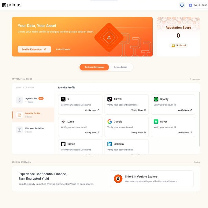 The Primus web3 app dashboard displays task categories, account verification cards, and visible text including “Your Data, Your Asset,” “Reputation Score,” and “Identity Profile.”