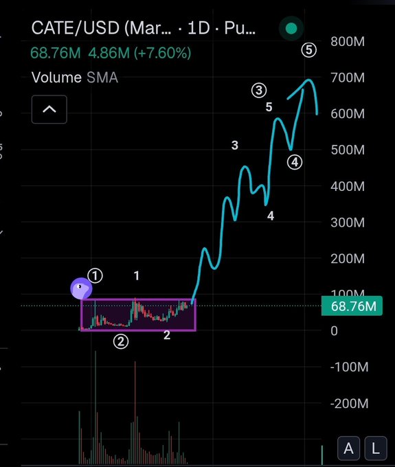 A TradingView chart shows CATE/USD with a current price of 68.76M (+7.60%), volume of 4.86M, and an Elliott Wave count marking a breakout from a base/accumulation pattern (waves 1-2) into a strong impulsive rally (waves 3-5) reaching ~700M volume, visually supporting the bullish thesis that CATE is poised to become the top meme coin on Solana.