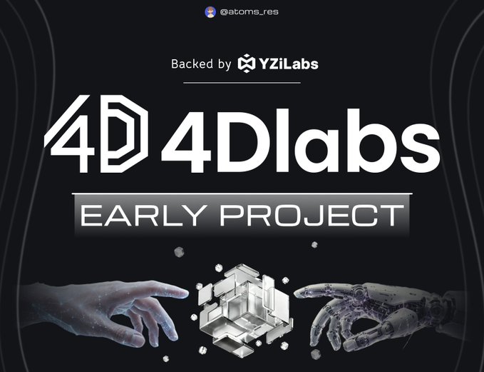 A sleek promotional graphic announces "4Dlabs EARLY PROJECT," backed by YZiLabs, featuring a visual of two hands—one human, one robotic—reaching toward a glowing geometric cube symbolizing Physical AI data infrastructure. The image aligns with the post's call to action for users to earn an Alpha Badge for the early-stage project.