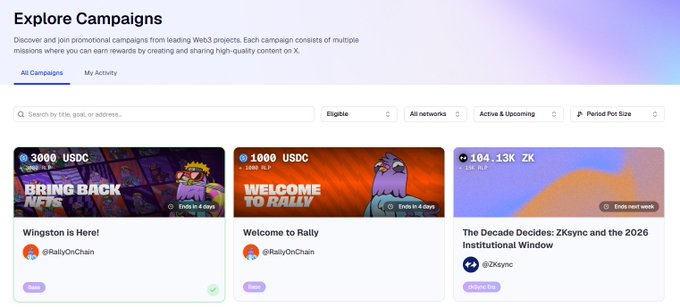 The focus of this image seems to be a website or app displaying several posts about exploring campaigns, campaigns for campaigns related to social media platforms. The main point appears to be showcasing different campaigns and their respective details. One particular post suggests that the user can join one of these campaigns by liking it on social media platforms such as Instagram and Twitter, with a recommended hashtag being "#RallyOnChain". This highlights the idea that influencers can potentially help promote these campaigns and share the posts with their followers to increase awareness and engagement. The image is not related to the content at hand; rather, it serves as a background for viewing different campaign-related topics or discussions on the platform.