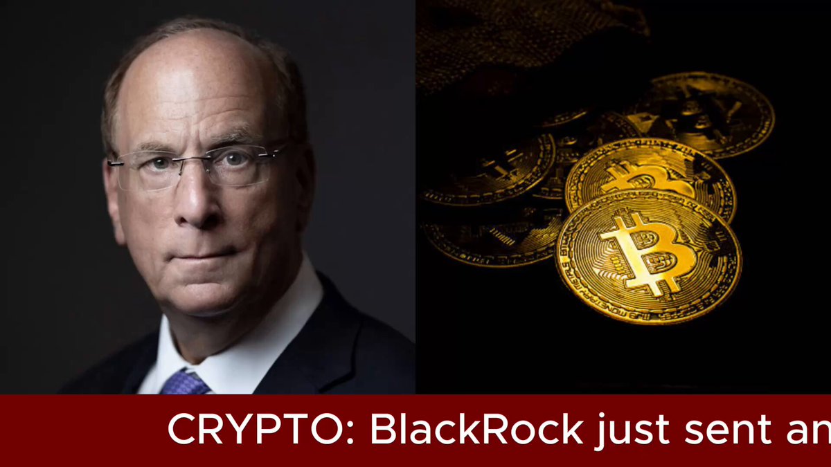 The image features a man wearing glasses, standing next to a stack of gold Bitcoins. The Bitcoin coins are placed on top of each other, creating an impressive display. Below this scene, there's a caption that reads "Crypto: BlackRock just sent an ar". This suggests that the Bitcoin coins were recently sent by BlackRock and are now displayed in the image for viewers to see.