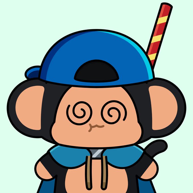 A cartoon illustration depicts a monkey character wearing a blue backwards baseball cap and blue jacket, with dizzy spiral eyes and a red-and-yellow striped straw sticking out of its head.