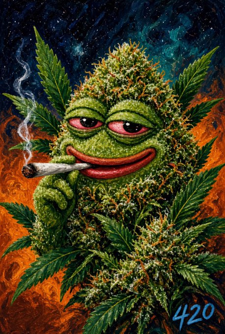 A Pepe the Frog-style cannabis bud character smokes a joint against a swirling cosmic orange and blue background, with the number "420" displayed in the bottom right corner—tying into the post's "420 $PEPE" reference that links the meme coin to 420 cannabis culture.