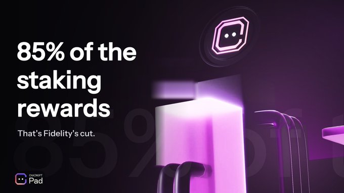 The image is a promotional graphic with a purple gradient background featuring 3D geometric shapes and a stylized character icon. Bold white text reads "85% of the staking rewards" with a subtitle stating "That's Fidelity's cut," accompanied by the "Onemind Pad" logo in the bottom left corner. The image visually emphasizes Fidelity's large take of staking rewards referenced in the post about their FETH fund proposal.