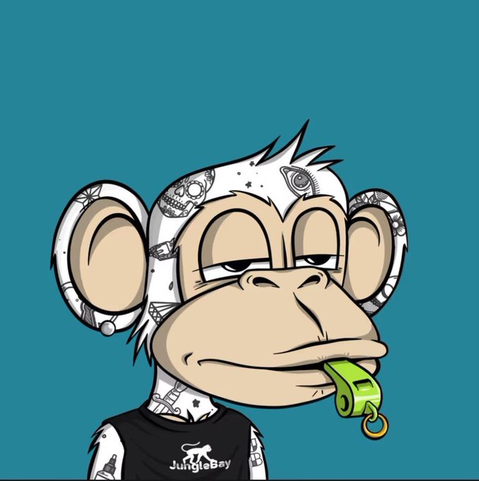 Digital illustration of a cartoon monkey with patterned fur wearing a black 'JungleBay' tank top and a green whistle in its mouth.