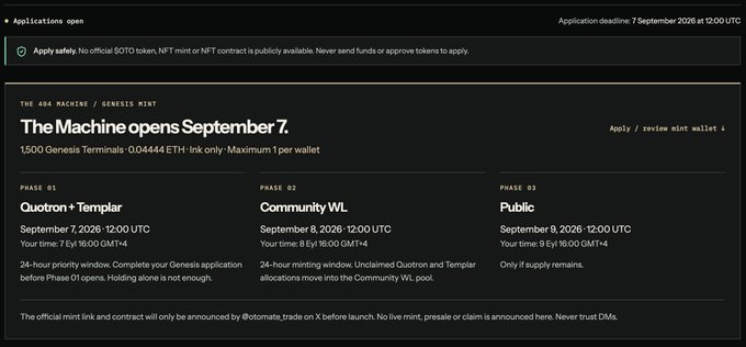 The image displays a Genesis Mint announcement for "The 404 Machine / Genesis Mint," opening September 7, 2026, with 1,500 Genesis Terminals available. It outlines a three-phase rollout: Phase 01 Quotron + Templar (Sept 7), Phase 02 Community WL (Sept 8), and Phase 03 Public (Sept 9), with a deadline of September 7, 2026 at 12:00 UTC. The post highlights @otomate_trade's whitelist opportunity for Quotron 404 holders, emphasizing that minting begins tomorrow and encouraging early application.