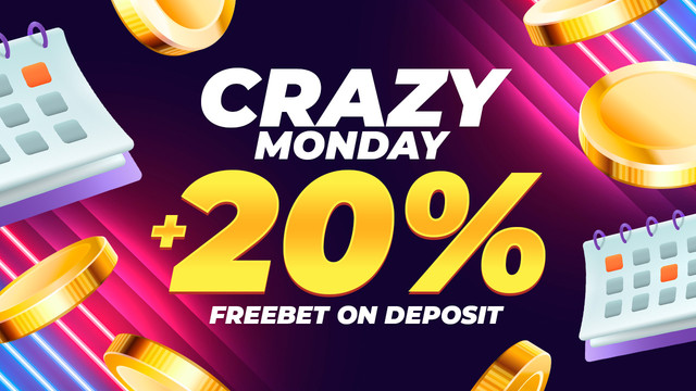 The image is a vibrant promotional graphic featuring the text "CRAZY MONDAY +20% FREEBET ON DEPOSIT" in bold white and yellow lettering against a neon pink and purple background, surrounded by gold coins and calendar icons. It visually reinforces the post's message by highlighting the 20% free bet offer for a $25 USDT deposit on sports betting.