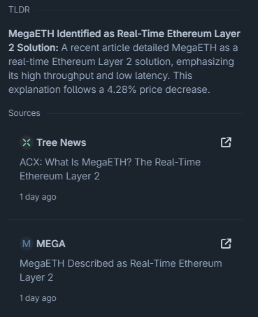 The image shows an online post with a headline that reads "Megaeth identified as Real-time Etherum Layer 2 solution". A screenshot of the image indicates that there are two different sources for information about MegaETH, including a description on the right side and a definition from sources. The image also includes a caption that says "MEGA is real time etherium layer 2", which supports the claim made in the original post. Based on this information, it can be concluded that the post is discussing and evaluating the details of the MegaETH Layer 2 solution.