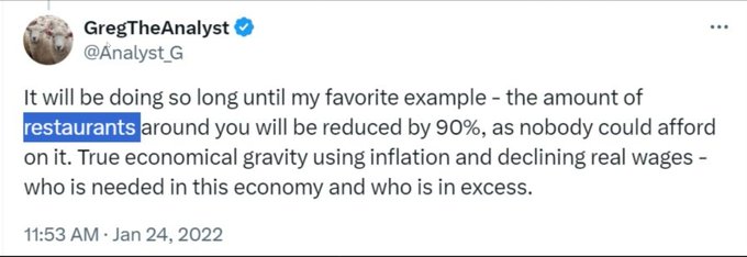 A tweet from GregTheAnalyst (@Analyst_G) dated January 24, 2022, discussing how the number of restaurants could decrease by 90% due to inflation and declining real wages.
