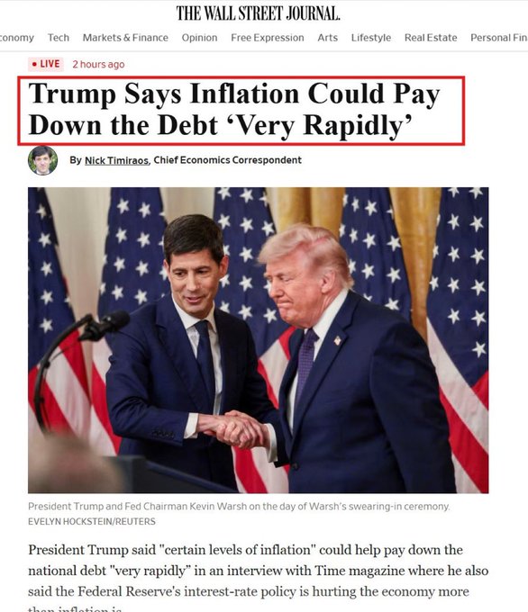 A Wall Street Journal article headlined "Trump Says Inflation Could Pay Down the Debt 'Very Rapidly'" features a photo of President Trump shaking hands with Fed Chairman Kevin Warsh at Warsh's swearing-in ceremony, byline by Nick Timiraos, visually reinforcing the post's warning that monetary policy is being openly used to erode debt through inflation rather than repaid through austerity.