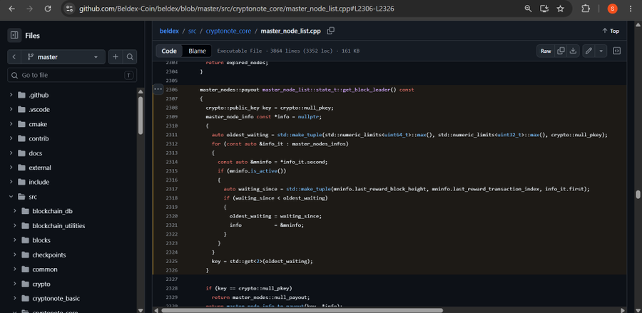 A GitHub code view of BeldexCoin's `master_node_list.cpp` file showing the `master_nodes::pay` function, which iterates through active masternodes to determine the next block producer based on the longest waiting time since last reward. The visible code demonstrates the selection logic that supports the claim about deterministic, queue-based masternode rotation for block production.