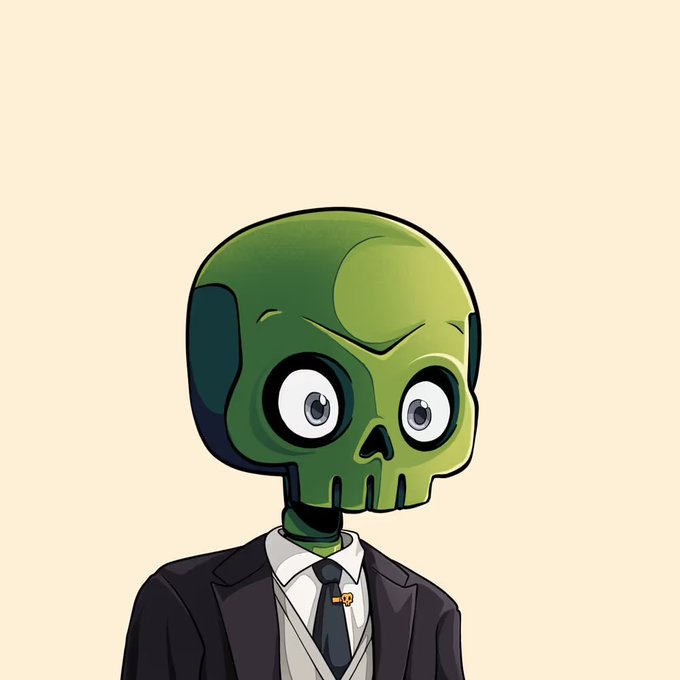 A digital illustration of a green, cartoonish skull-headed character wearing a black suit, white shirt, and tie.