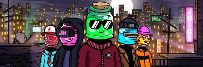 A cartoon illustration shows a group of quirky characters, including a green bottle-headed figure with sunglasses wearing a 'JH' jacket, standing in front of a nighttime cityscape with neon signs for 'JUICE' and 'RAW'.