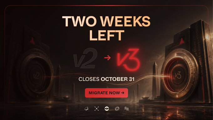 A dark promotional banner for a crypto platform migration announcement reading 'TWO WEEKS LEFT,' showing 'V2 → V3' with a red 'MIGRATE NOW' button and the date 'CLOSES OCTOBER 31.'