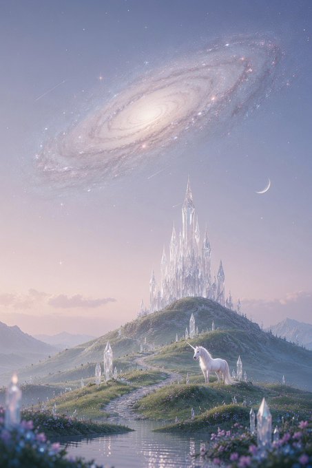A fantasy landscape featuring a glowing crystal castle atop a grassy hill, with a majestic unicorn standing nearby beneath a swirling spiral galaxy in a pastel sky with a crescent moon.
