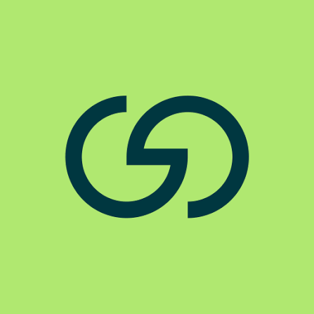 A simple graphic showing a stylized dark teal 'GG' or interlocking logo design on a bright lime green background.
