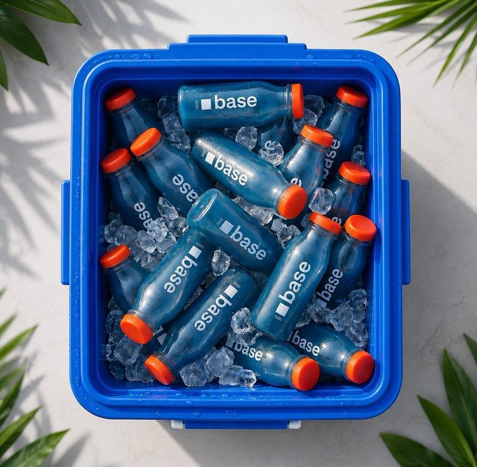 A blue cooler filled with ice and multiple bottles branded 'base' with orange caps.