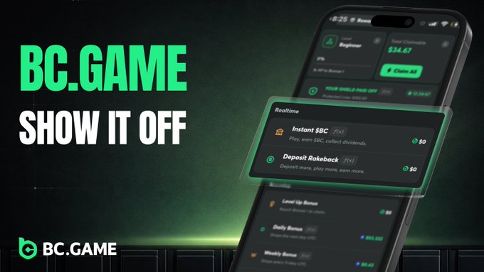 The image features a cell phone with an app displayed, which appears to be related to BC Game. The app has a green background and white text that reads "BC Game Show It Off" followed by a screenshot of a cell phone displaying the BC Game app. The app is designed for mobile gaming enthusiasts who want to share their experiences and engage with others through the BC Game community.