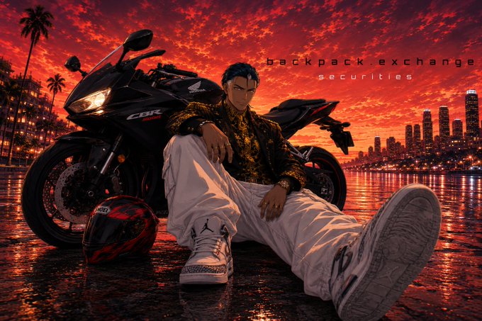 A man in a patterned jacket and white pants sits against a black CBR Honda motorcycle at sunset, with a city skyline and palm trees in the background; text reads 'backpack.exchange securities'.