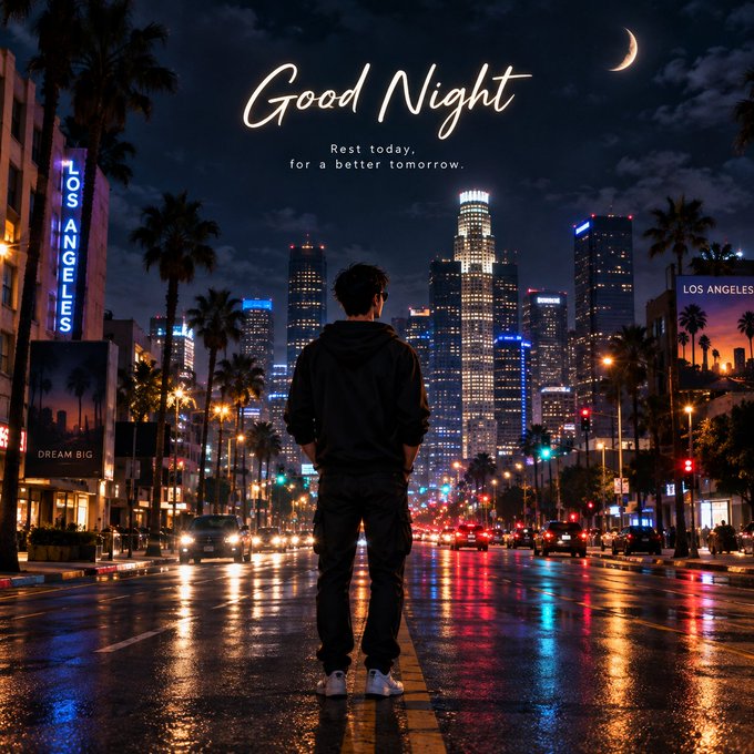A person in a black hoodie stands facing a rainy Los Angeles cityscape at night under the text 'Good Night / Rest today, for a better tomorrow.'
