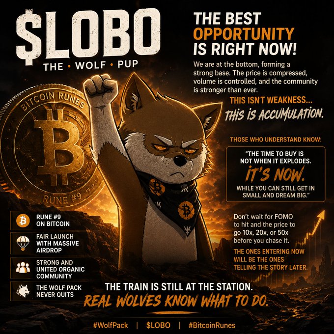 A promotional poster for 'SLOBO THE WOLF PUP' featuring a cartoon wolf, a Bitcoin Rune #9 coin, and text urging viewers to buy, stating 'THE BEST OPPORTUNITY IS RIGHT NOW!' and 'THE TRAIN IS STILL AT THE STATION. REAL WOLVES KNOW WHAT TO DO.'