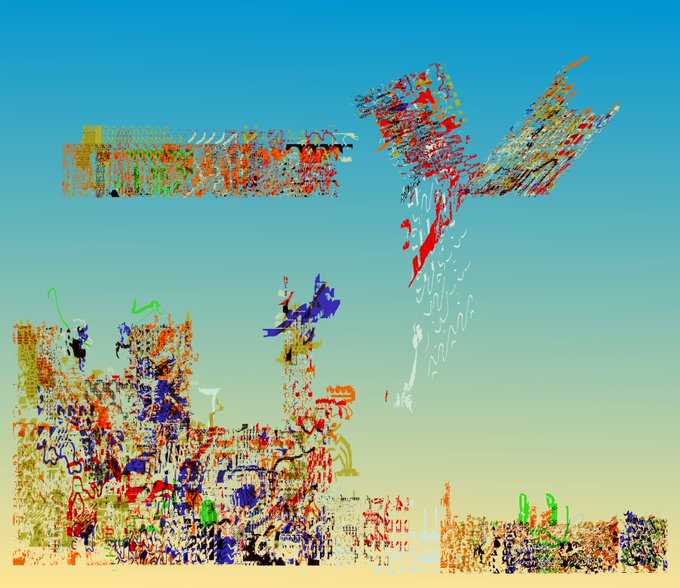 An abstract, glitch-like digital artwork displays fragmented, colorful, pixelated shapes forming what appears to be birds or an explosion against a gradient blue-to-yellow sky.