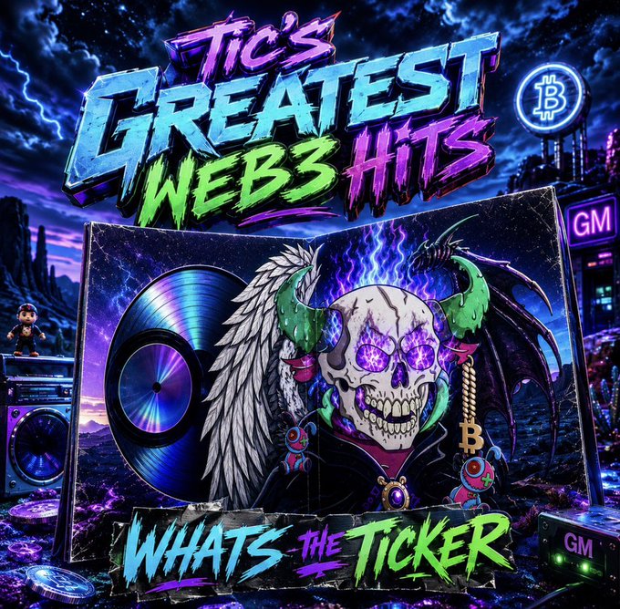 A neon-lit, web3-themed album cover titled "Tic's Greatest Web3 Hits: What's The Ticker," featuring a horned skull with angel wings, vinyl records, and Bitcoin symbols, with "GM" badges visible in the scene. The post's "GM CT! Happy Thirsty Thursday! Who's ready to print?" aligns with the artwork's celebratory, crypto-hustler energy and the prominent "GM" (good morning) greetings, signaling bullish optimism and a readiness to "print" profits in the market.