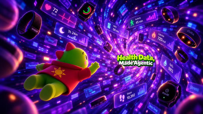 A green character in a red shirt with a sun logo floating through a tunnel of glowing health data panels displaying metrics like heart rate, steps, calories, and sleep, with the text "Health Data, Made Agentic."