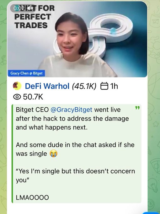 A screenshot of a Bitget livestream featuring CEO Gracy Chen, shared by DeFi Warhol (45.1K), which humorously highlights how she paused discussing a serious hack response to answer an unrelated question about her relationship status in the chat.