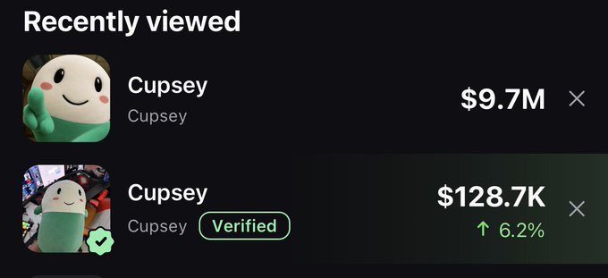 A 'Recently viewed' section showing two 'Cupsey' NFT listings, one priced at $9.7M and a verified one at $128.7K with a 6.2% increase.