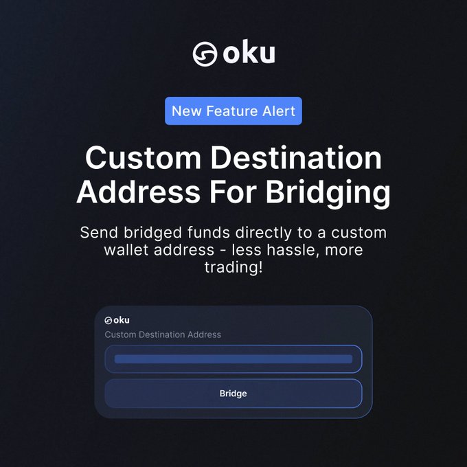 Promotional graphic for Oku announcing a 'New Feature Alert: Custom Destination Address For Bridging,' allowing users to send bridged funds directly to a custom wallet address.