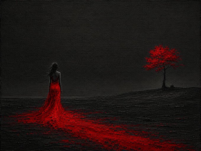 A dark, textured painting depicting a woman in a flowing red dress facing a solitary red tree with a long red train trailing across the black landscape.