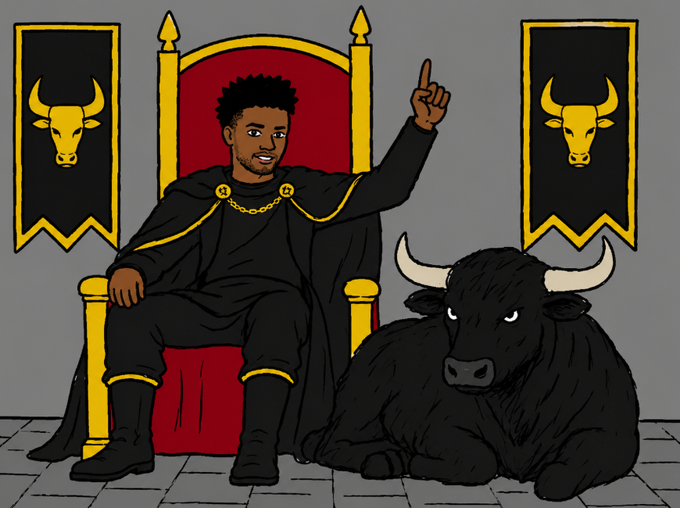 A cartoon illustration of a young man in a black and gold robe sitting on a throne, pointing upward, with a large black bull lying beside him and bull crests on banners behind.