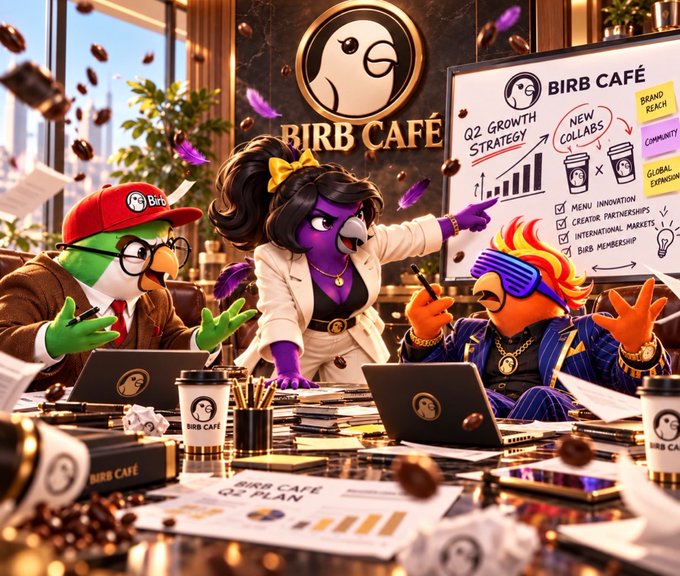 A vibrant, AI-generated illustration of anthropomorphic birds in a corporate setting labeled "BIRB CAFÉ," presenting a "Q2 Growth Strategy" on a whiteboard with sticky notes for "Brand Reach," "Community," and "Global Expansion."
