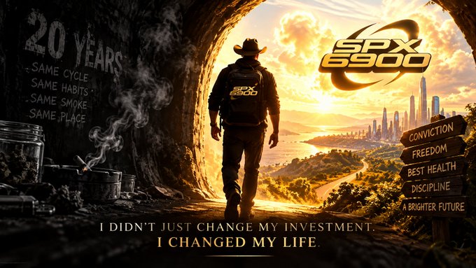 A motivational poster showing a man in a cowboy hat walking toward a bright futuristic city, with text including '20 YEARS SAME CYCLE SAME HABITS SAME SMOKE SAME PLACE', 'SPX 6900', and 'I DIDN'T JUST CHANGE MY INVESTMENT, I CHANGED MY LIFE.'