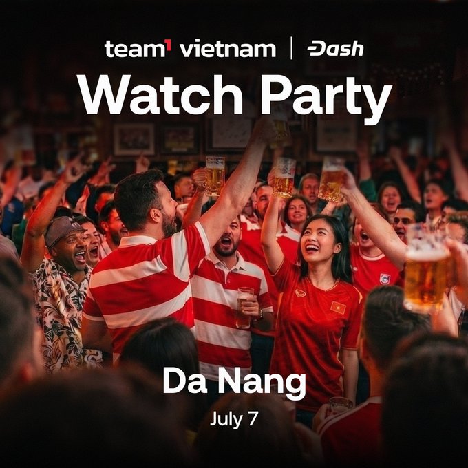 A promotional poster for a 'team1 vietnam | Dash Watch Party' in Da Nang on July 7, showing a crowd celebrating with raised beer glasses.