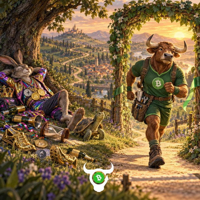 A vibrant fantasy illustration showing a sleeping rabbit/hare covered in gold chains and coins on the left, and an anthropomorphic bull wearing a green Bitcoin logo t-shirt running on a path on the right, with a Bitcoin bull logo watermark in the center.
