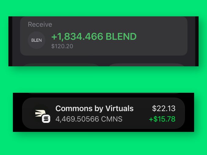 Cryptocurrency transaction screenshots showing a receive of +1,834.466 BLEND ($120.20) and Commons by Virtuals holdings of 4,469.50566 CMNS ($22.13, +$15.78).