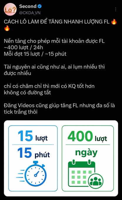A Vietnamese tweet from @CKDA_VN explaining how to quickly increase FL limits on the Second platform, noting users get ~400 turns per 24h with each batch being 15 turns/~15 minutes, and emphasizing consistent use is the only way to improve quality.