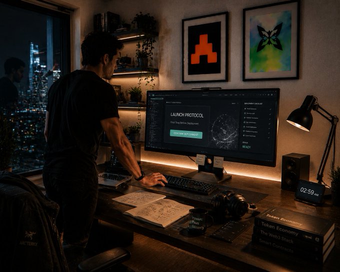 A man stands at a desk in a dimly lit room overlooking a city skyline at night, interacting with a curved monitor displaying 'LAUNCH PROTOCOL' for a project on Sei Network, surrounded by books titled 'Token Economy', 'The Web3 Stack', and 'Smart Contracts'.