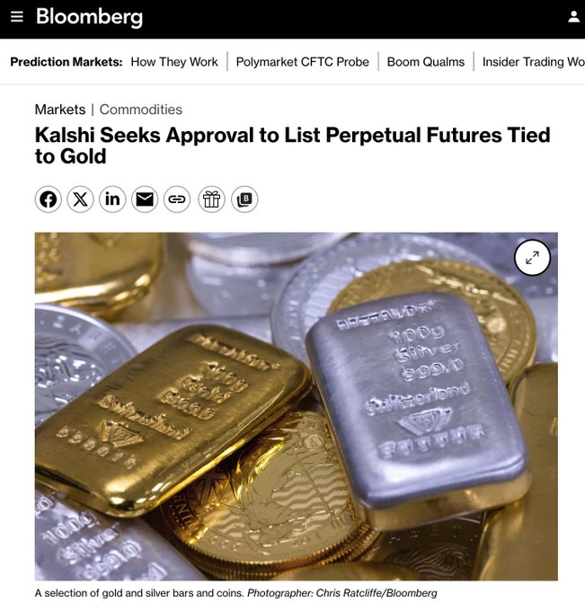 The image is a Bloomberg article screenshot headlined "Kalshi Seeks Approval to List Perpetual Futures Tied to Gold," featuring a photograph of stacked gold and silver bars and coins (credited to Chris Ratcliffe/Bloomberg). The image visually reinforces the post's announcement about Kalshi pursuing regulatory approval to launch gold perpetual futures in the US, tying the company's initiative directly to the physical precious metals the new derivatives would track.