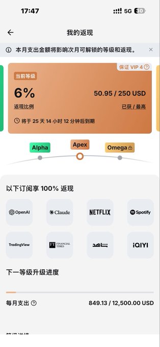 The image shows a Chinese-language Bybit app screen displaying "我的返现" (My Cashback), revealing the user is at "保证VIP 4" (Guaranteed VIP 4) level with a modest 6% cashback rate (50.95/250 USD), eligible for 100% cashback on subscriptions like OpenAI, Claude, Netflix, and Spotify. This screenshot serves as evidence in the post's claim about the Bybit card's impressive transaction volume and global growth, suggesting that even high-spending users with significant monthly expenses (849.13/12,500 USD toward the next tier) can benefit from the platform's expanding cashback ecosystem.
