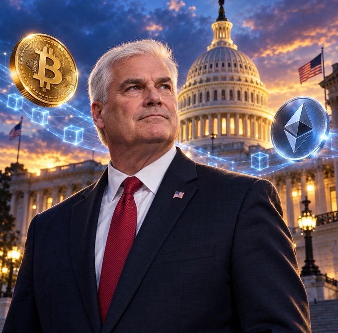 A distinguished older man in a dark suit with a red tie and American flag pin stands before the U.S. Capitol at sunset, flanked by a glowing Bitcoin and Ethereum coin symbolizing digital assets, visually connecting his role in advancing crypto legislation like the CLARITY Act with the promise of regulatory clarity for the industry.