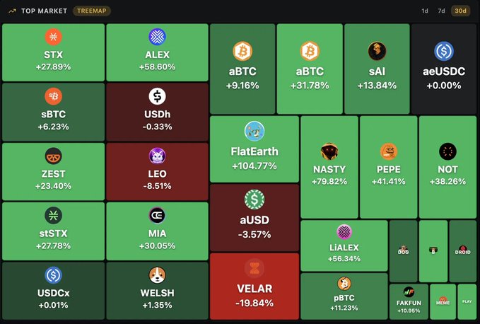 A treemap visualization displaying the top Stacks ecosystem 30-day market movers, led by FlatEarth (+104.77%), NASTY (+79.82%), ALEX (+58.60%), LiALEX (+56.34%), and PEPE (+41.41%), alongside other tokens like STX, aBTC, sBTC, USDh, and meme coins including LEO, ZEST, and DROID. The color-coded boxes (green for gains, red for losses) highlight the platform's top performers over the past 30 days, aligning with the post's overview of Stacks DEX activity and trending assets.