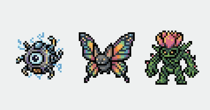 Three pixel art characters are displayed: a small electric creature on the left, a colorful butterfly-like creature in the middle, and a green humanoid figure with a flower for a head on the right.