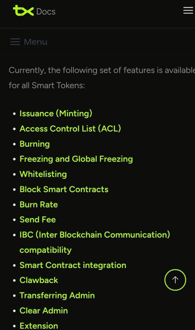 A screenshot of t'x Docs shows a menu of features available for all Smart Tokens, including Issuance (Minting), Burning, Freezing, Whitelisting, Clawback, and IBC compatibility.