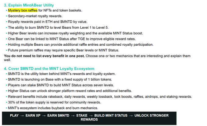 Text slide titled '3. Explain MintABear Utility' and '4. Cover $MNTD and the MINT Loyalty Ecosystem' detailing NFT raffles, royalty rewards in ETH and $MNTD, and a $MNTD token loyalty system with a 1 billion fixed supply and staking benefits, ending with the flow 'PLAY → EARN XP → EARN $MNTD → STAKE → BUILD MINT STATUS → UNLOCK STRONGER REWARDS'.