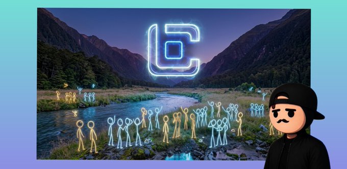 A virtual landscape scene features glowing stick figures gathered by a river with a neon 'b' logo above them, while a cartoon avatar of a person in a black cap appears on the right.