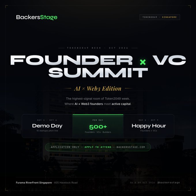 A promotional graphic for the 'Founder x VC Summit - AI x Web3 Edition' by BackersStage, scheduled for October 6-9, 2026 in Singapore at Furama RiverFront.