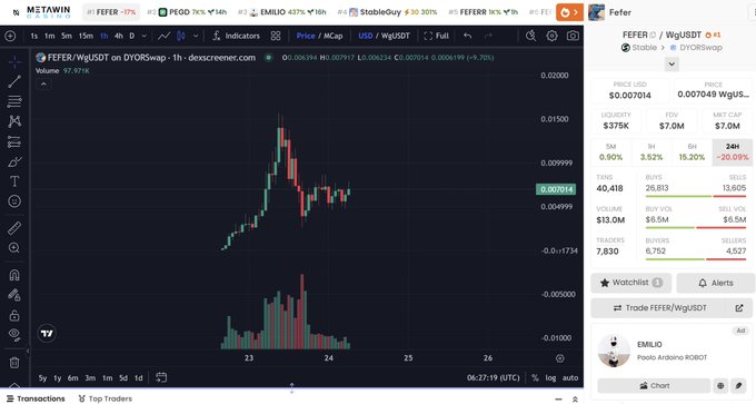 A TradingView chart shows FEFER/WMUSDT on DYOReSwap on the "doc screen" platform with a 24H price change of -20.08%, supporting the post's claim of a brand-new USDT-native L1 experiencing meme-driven trading activity, alongside a sidebar showing Stable's market data and StablePay promotion.